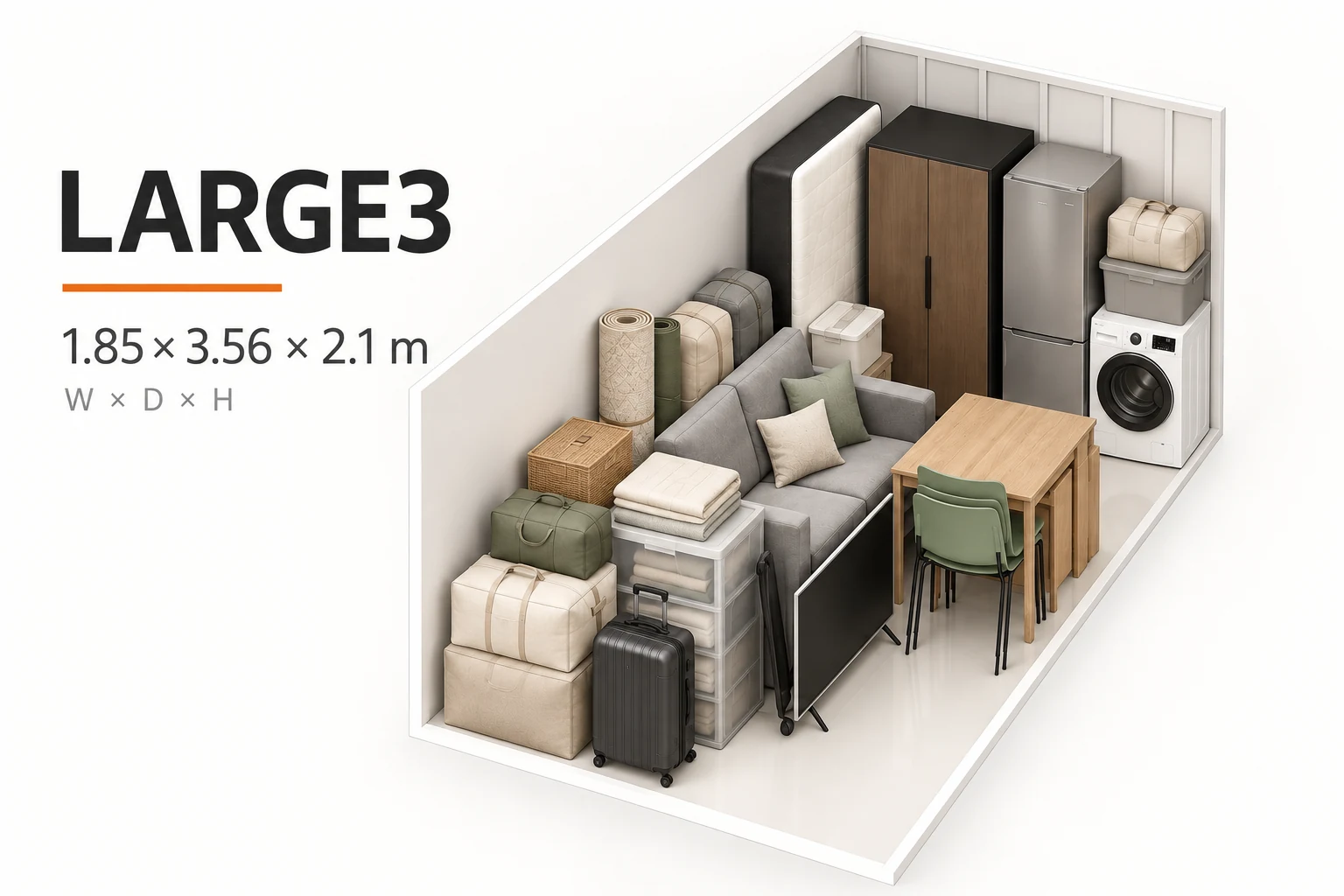 편안창고 LARGE3 사이즈 보관공간 예시와 가로 깊이 높이 1.85×3.56×2.1미터 안내