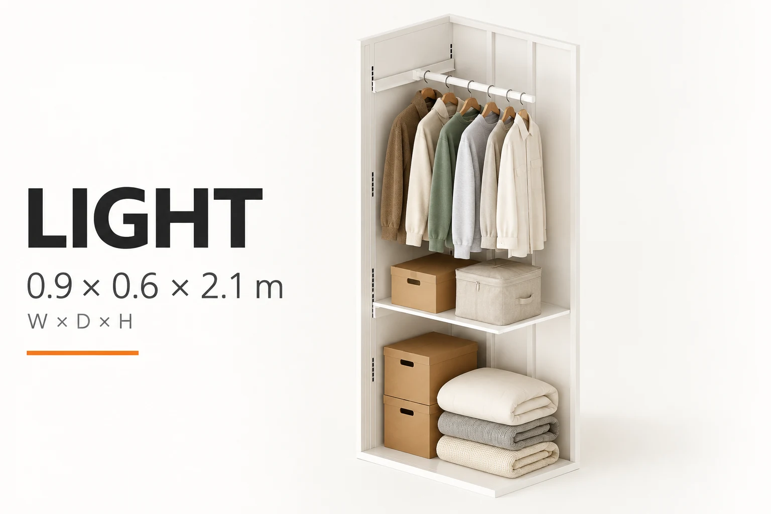 편안창고 LIGHT 사이즈 보관공간 예시와 가로 깊이 높이 0.9×0.6×2.1미터 안내